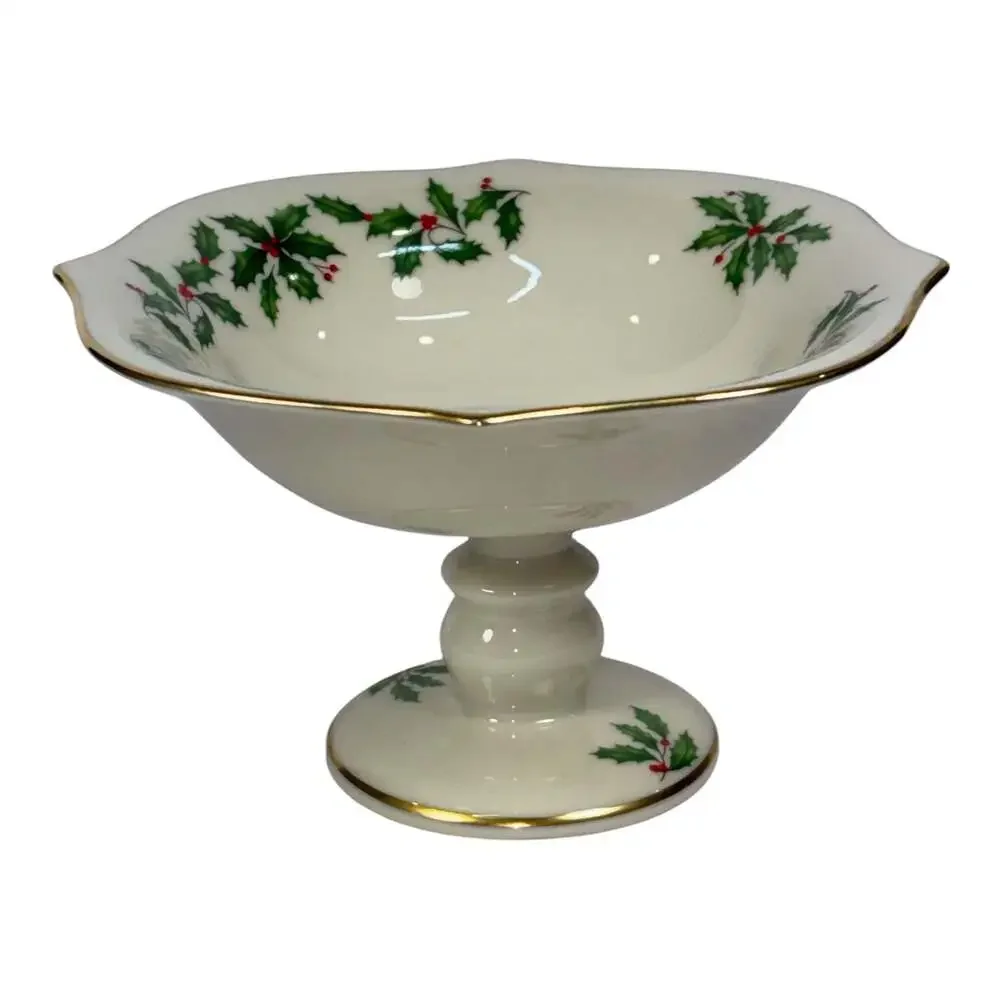 Lenox Holly & Berry Pedestal Holiday Compote Dish Christmas 24K Gold Vintage
